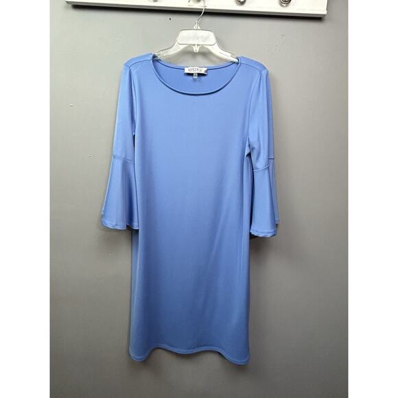 Kasper‎ Knit Studio Dress Womens Medium Blue Ruffle Bell Sleeve Pullover Stretch - Picture 1 of 10